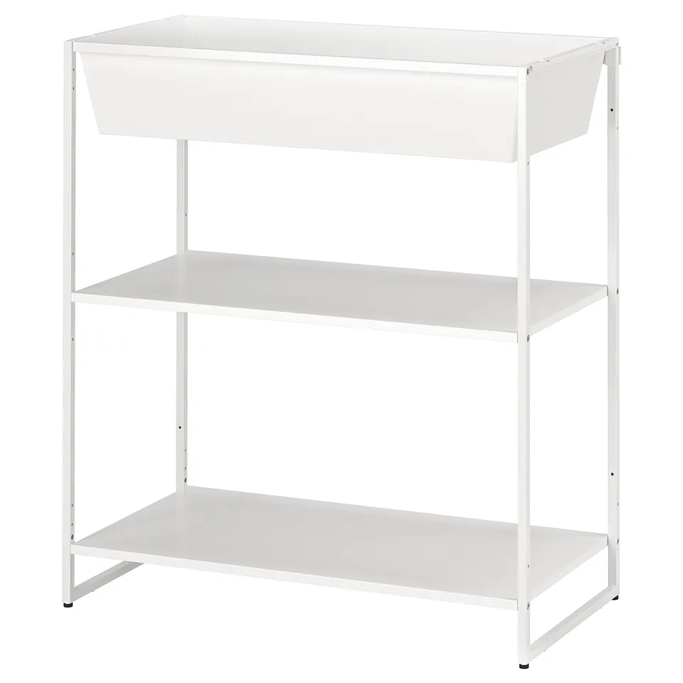 A white JOSTEIN storage shelf with three open sections, perfect for indoor and outdoor use.