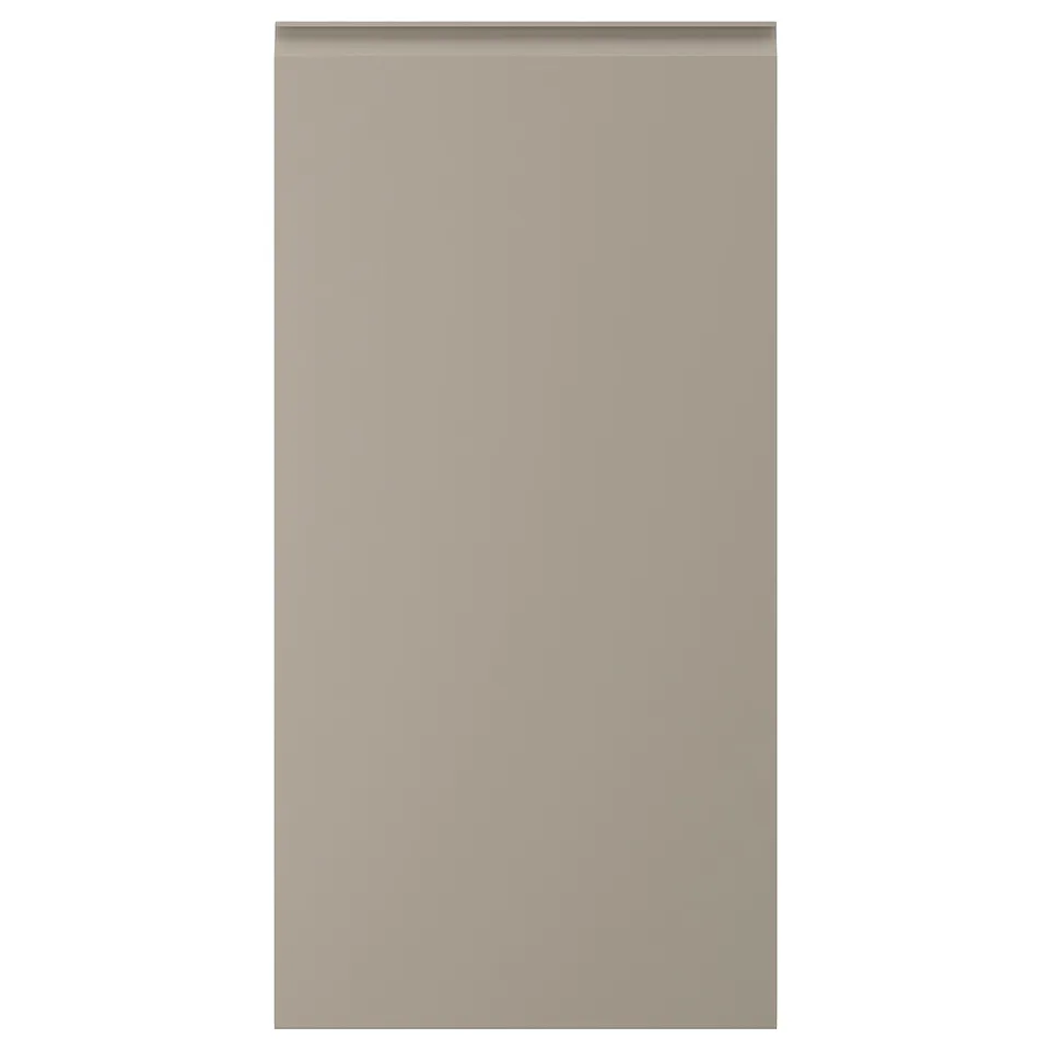 Rectangular beige kitchen cabinet door with integrated handle.