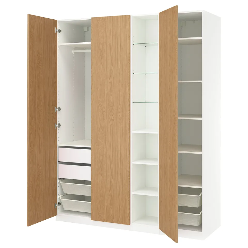 PAX / STORKLINTA Wardrobe combination, white oak effect/white, 185x60x236 cm