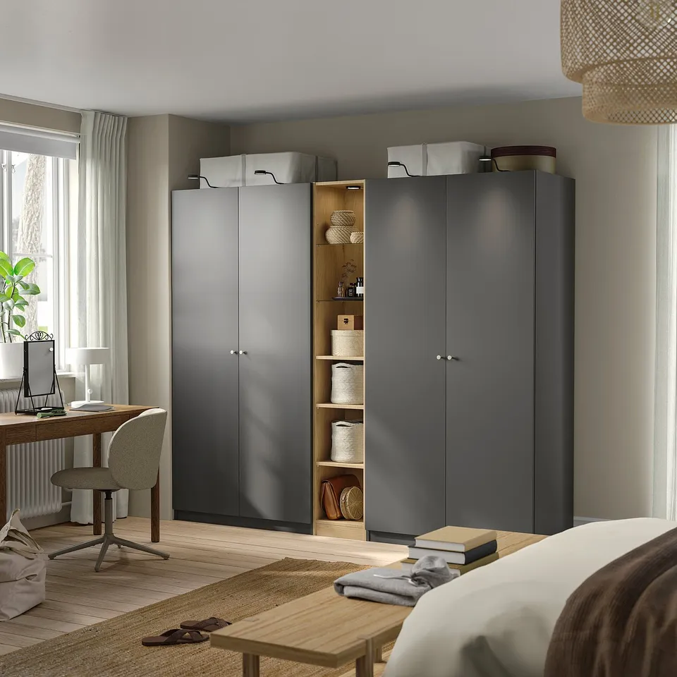 PAX / FORSAND Wardrobe combination, dark grey dark grey/oak effect, 235x60x201 cm