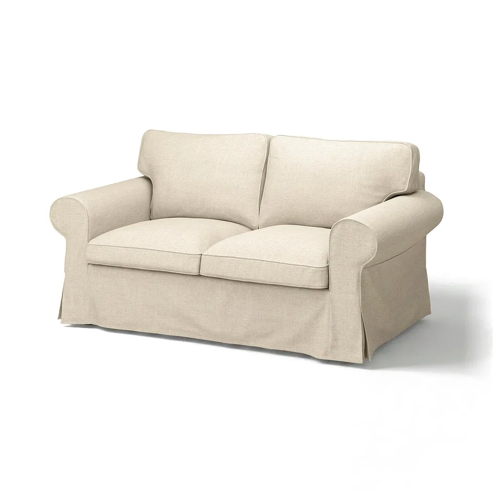 EKTORP loveseat: beige, rolled arms, soft fabric, clean lines.