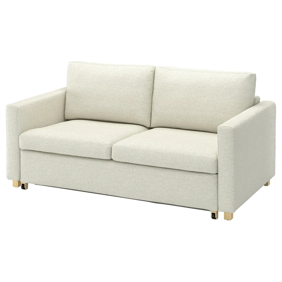 A light beige SALTSJÖBADEN 2-seat sofa-bed with wooden legs and straight lines, for multi-use spaces.