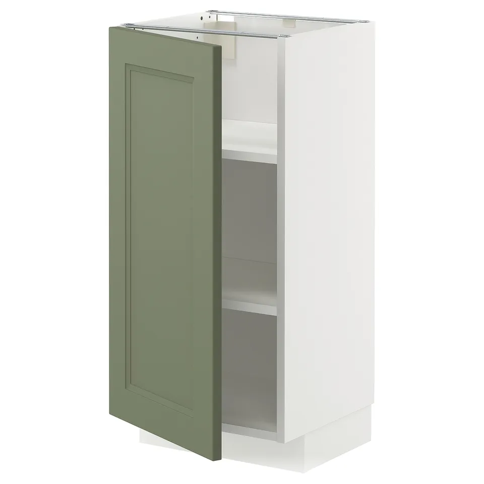 METOD kitchen cabinet, grey-green, slim rectangular design with white interior, single adjustable shelf.