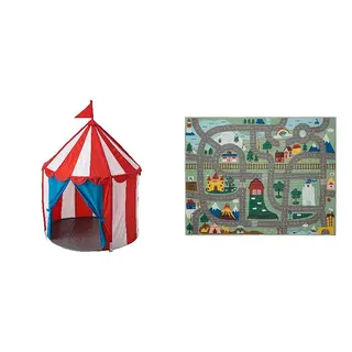CIRKUSTÄLT/VALLABY set: children's tent + rug, red/blue white + green, Height 120 cm