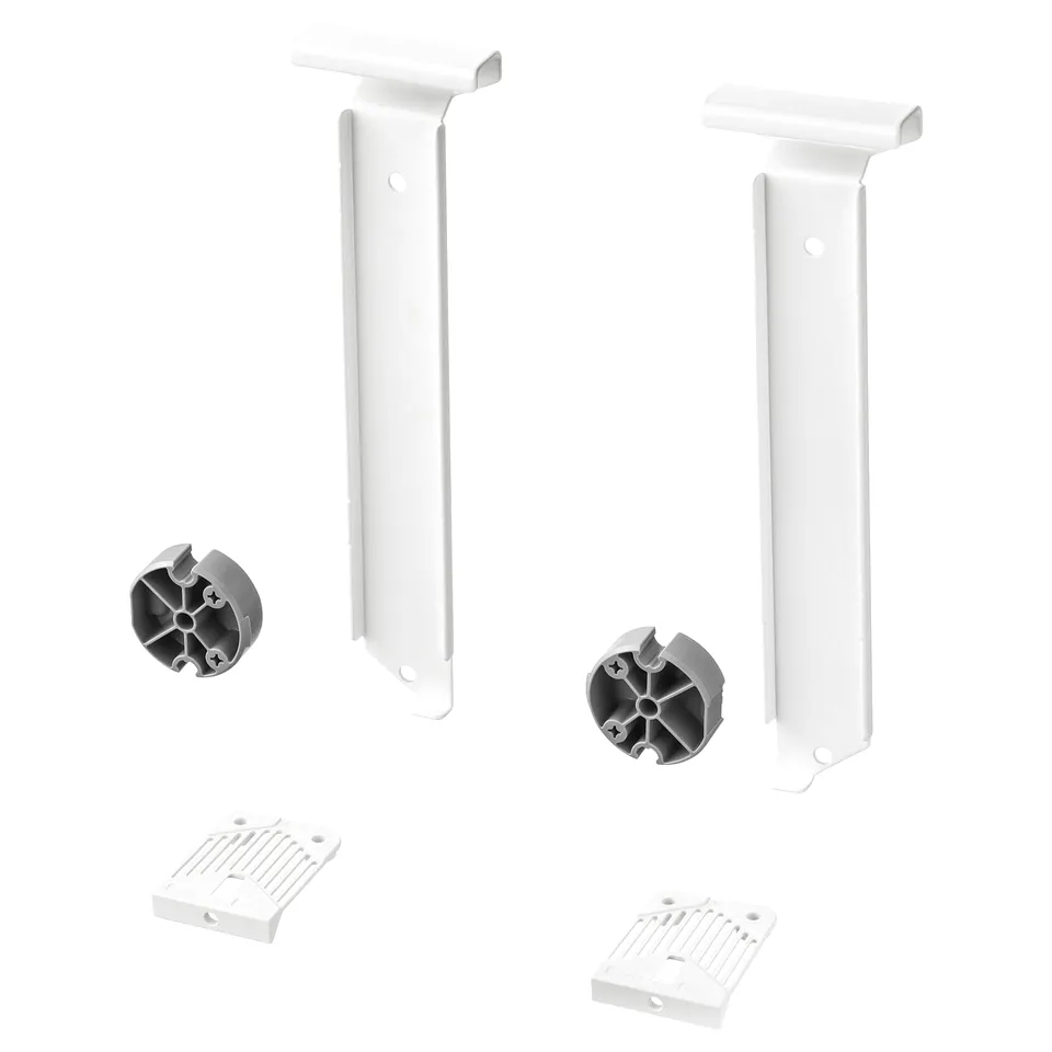Two white UTRUSTA brackets with mount hardware. These plastic and steel components are designed to attach cabinet doors to high drawers.