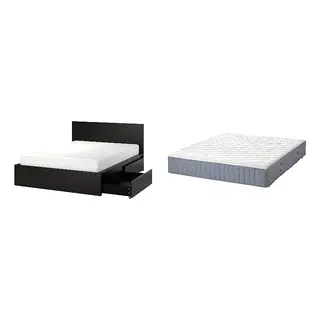 MALM/VÅGSTRANDA Bed with 28cm thick mattress, pocket sprung, foam,7 comfort zones, extra firm, black-brown/Lönset + extra firm/light blue, 160x200 cm