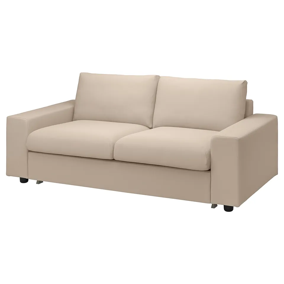 VIMLE: beige sofa with three cushions, square arms, and polyester-cotton fabric.