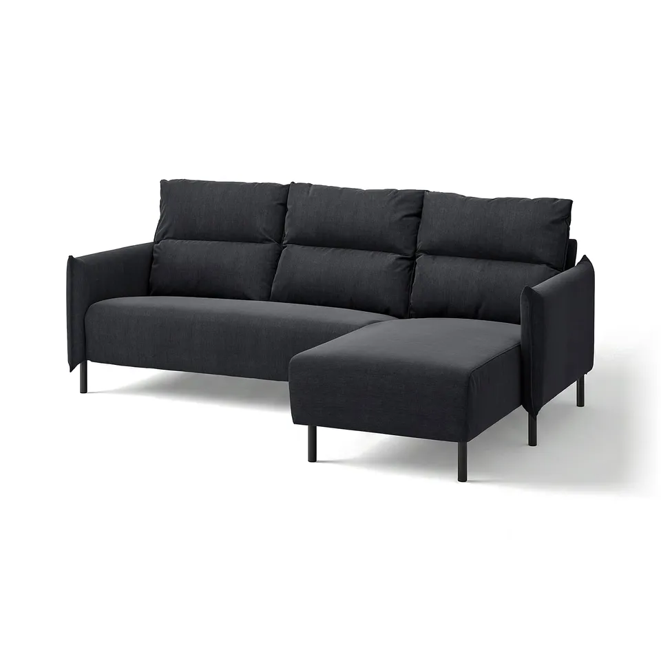 Modern charcoal grey sectional sofa with deep cushions, high backrest, and black metal legs.