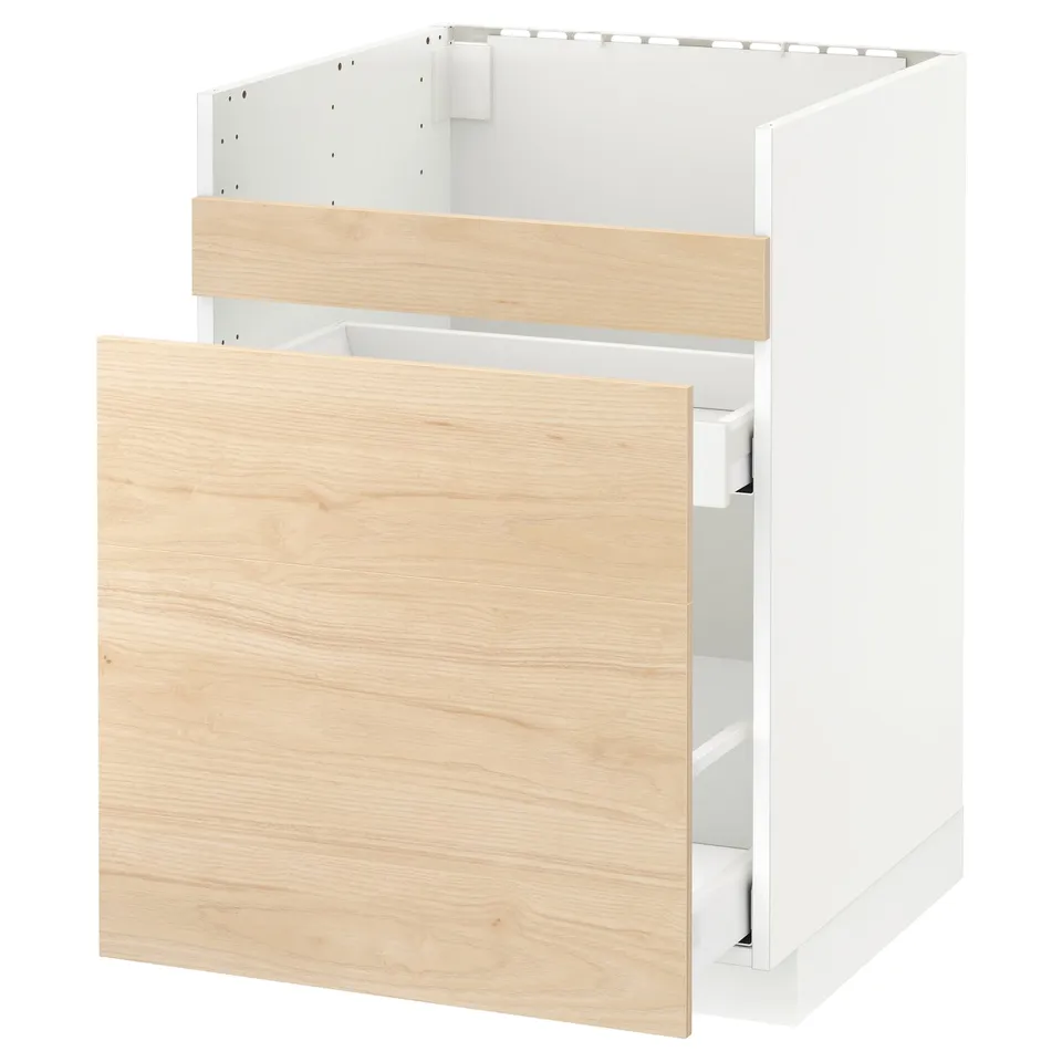 A white METOD kitchen cabinet with a light ash wood drawer.