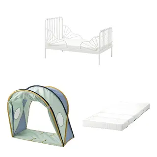 ELDFLUGA/MINNEN/ÖMSINT set: ext bed frame with slatted bed base + bed tent + pocket spring mattress for ext bed, white + blue/green, 80x200 cm