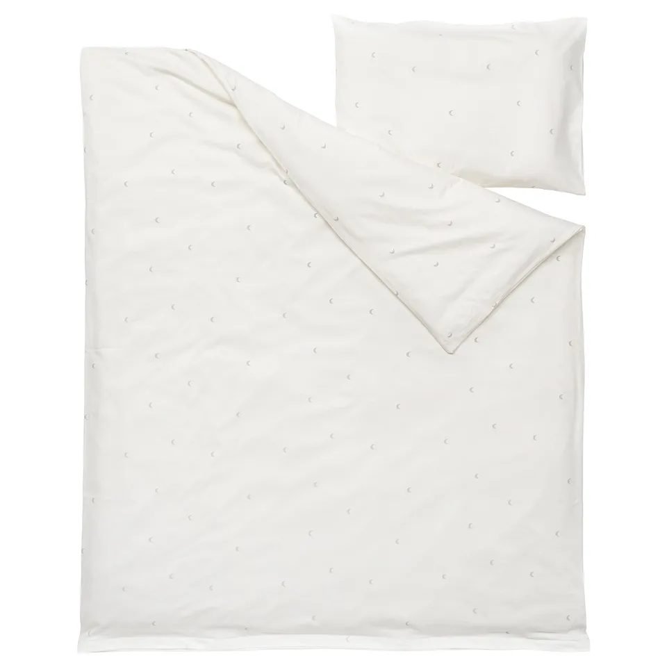 LENAST white cotton baby bedding set, soft cream moon pattern, comes with one duvet and one pillow, rectangular shape.