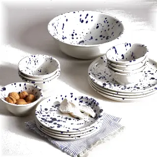 SILVERSIDA set: serving bowl + bowl x8 + plate x4 + side plate x4, patterned/blue, 28 cm