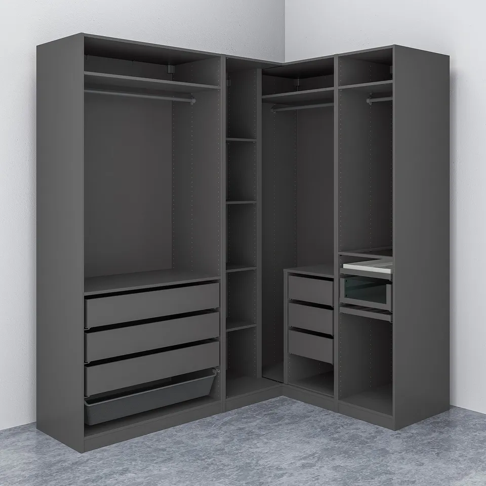 PAX corner wardrobe: spacious with shelves, drawers, mesh basket, adjustable feet, wall-fixed, fits various storage needs.