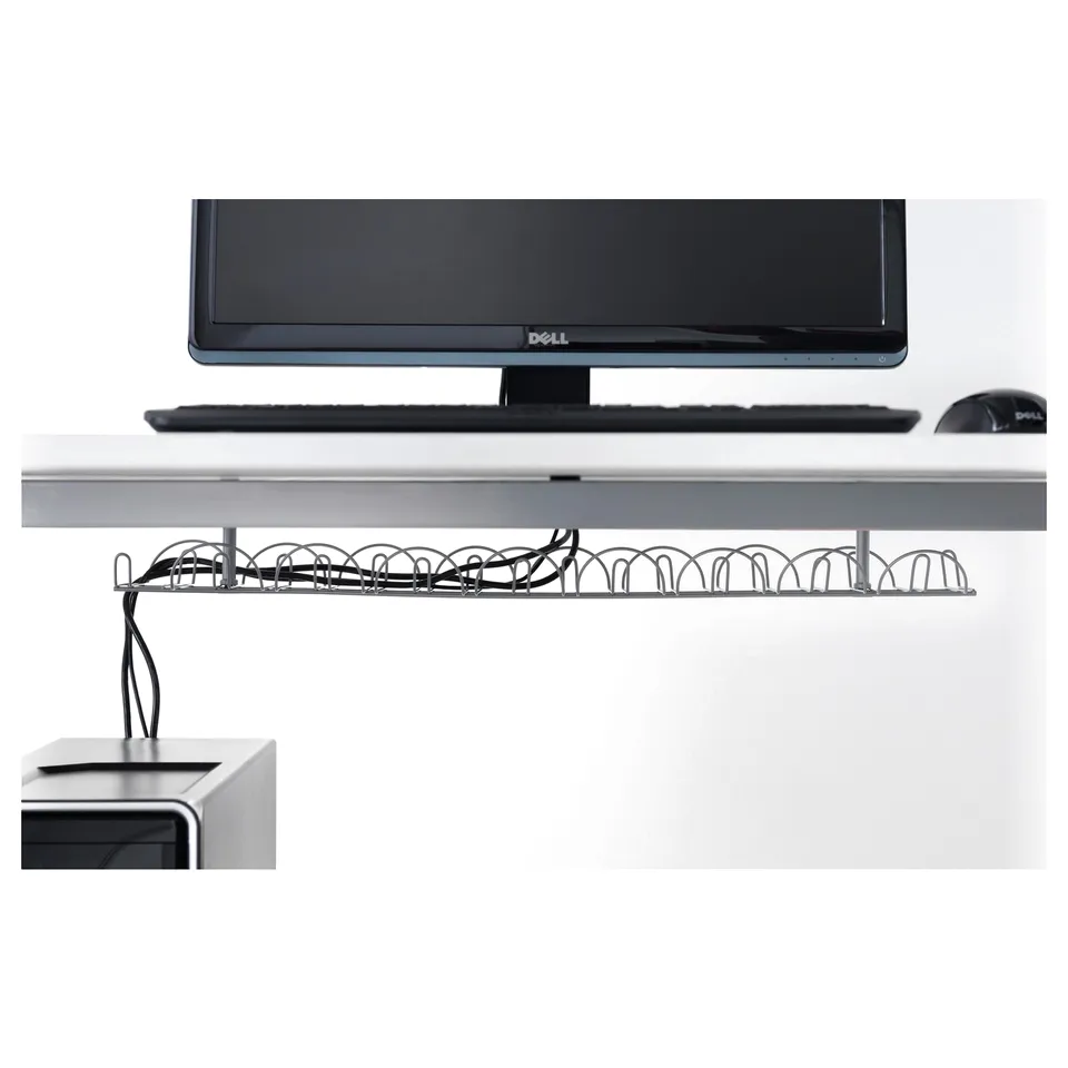 Workstation with dell monitor, keyboard, mouse, and cable management tray.