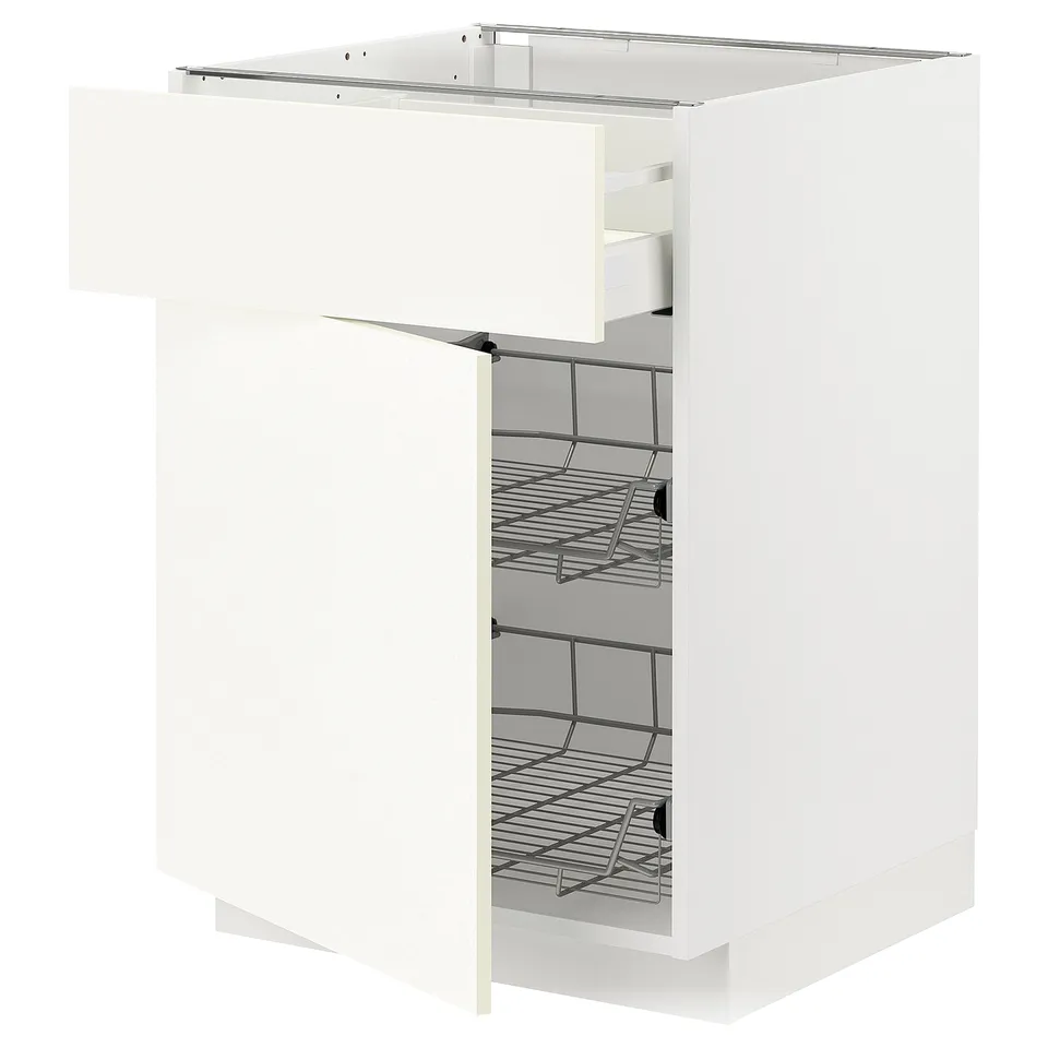 White METOD kitchen cabinet with wire baskets, sleek design.