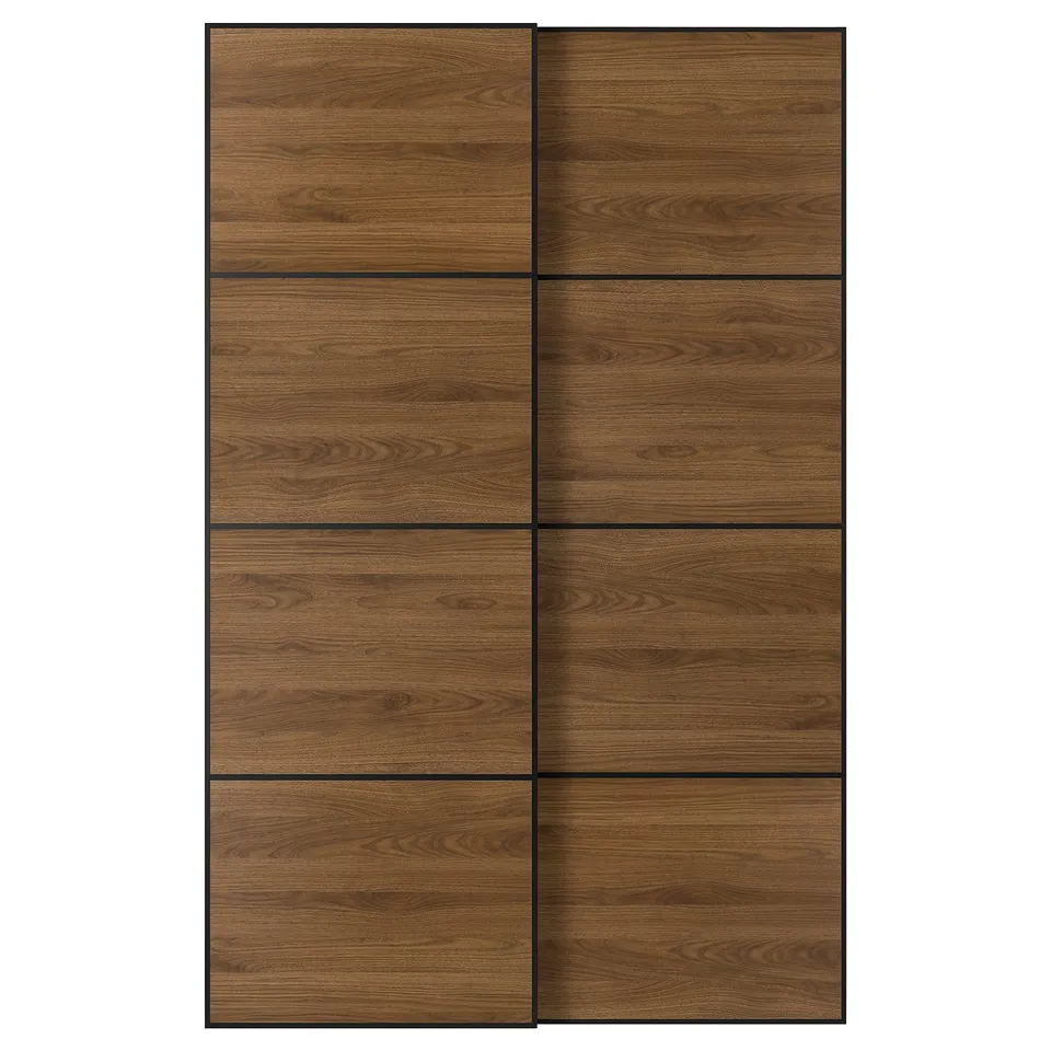 MEHAMN Pair of sliding doors, black/double sided walnut, 150x236 cm