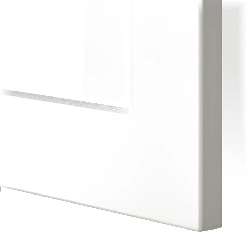 Modern white kitchen cabinet with sleek, clean lines, showcasing high-quality materials and craftsmanship.