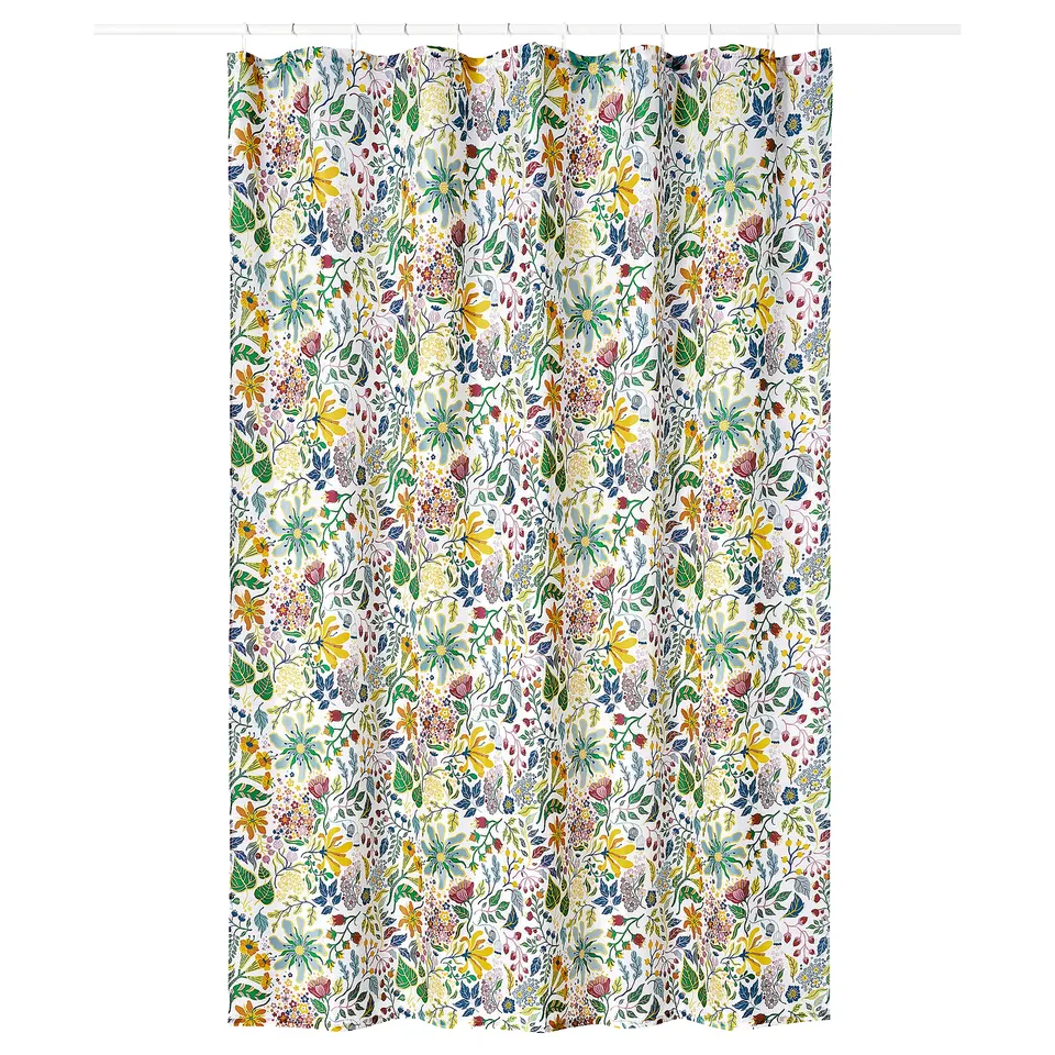 STRANDLUMMER shower curtain, white with colourful floral design, rectangular, water-repellent polyester.