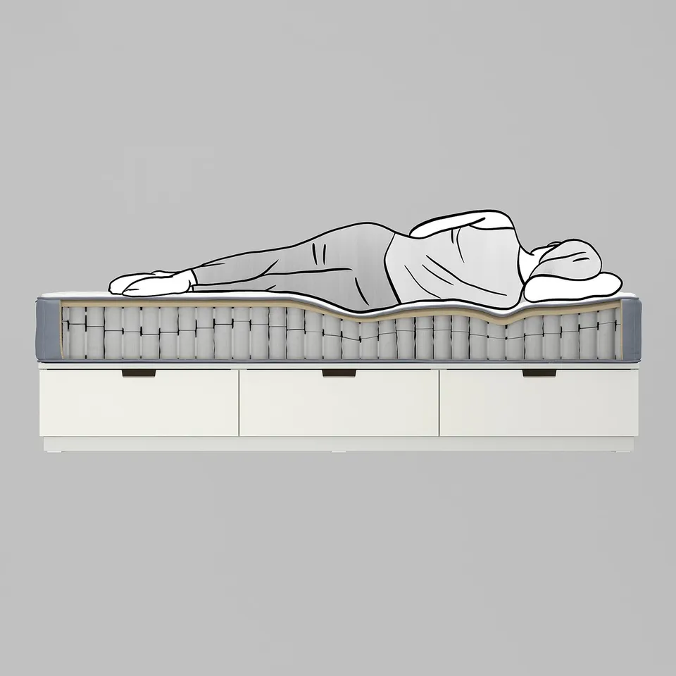 NORDLI bed frame offers storage drawers, 6 in total, in white. Its wave-shaped pocket springs ensure comfort while saving space.