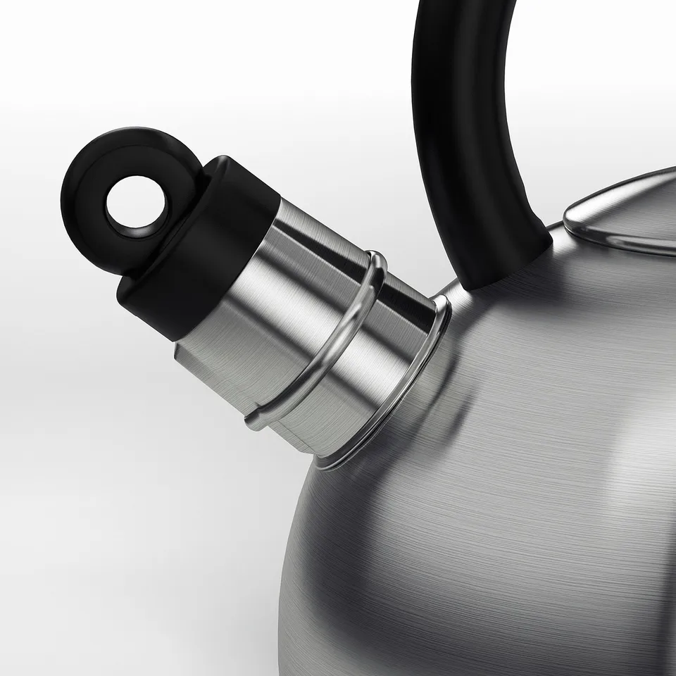 Stainless steel kettle with black handle and whistle, showcasing durability and clean design.