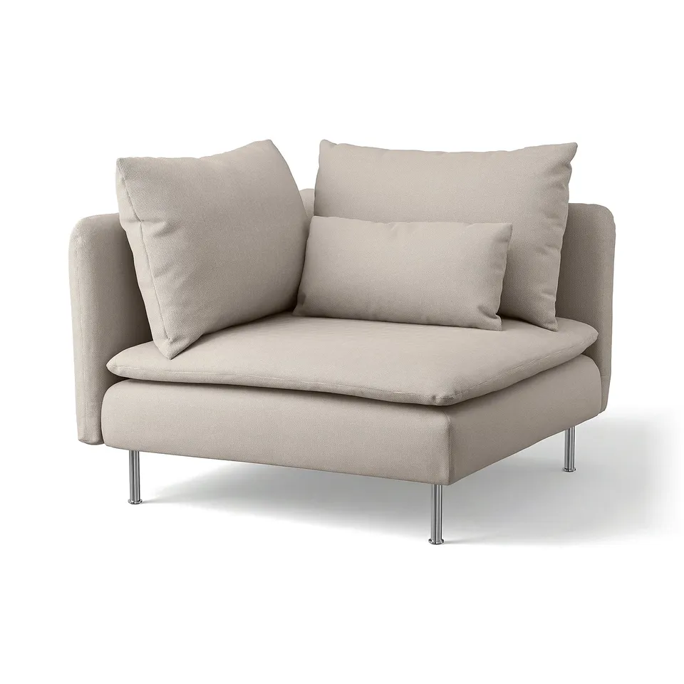 Modern beige sofa with cushion, sleek metal legs, minimalist design.
