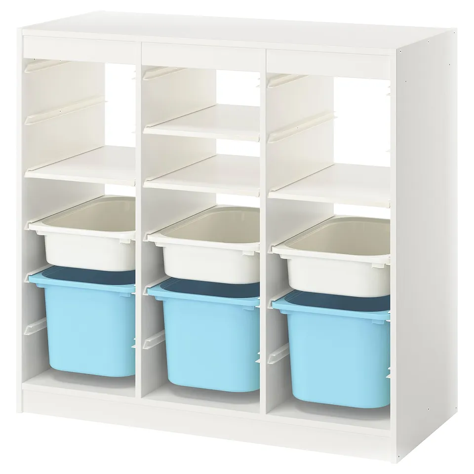 TROFAST Storage combination, with shelves/boxes room divider/white light blue, 99x44x95 cm