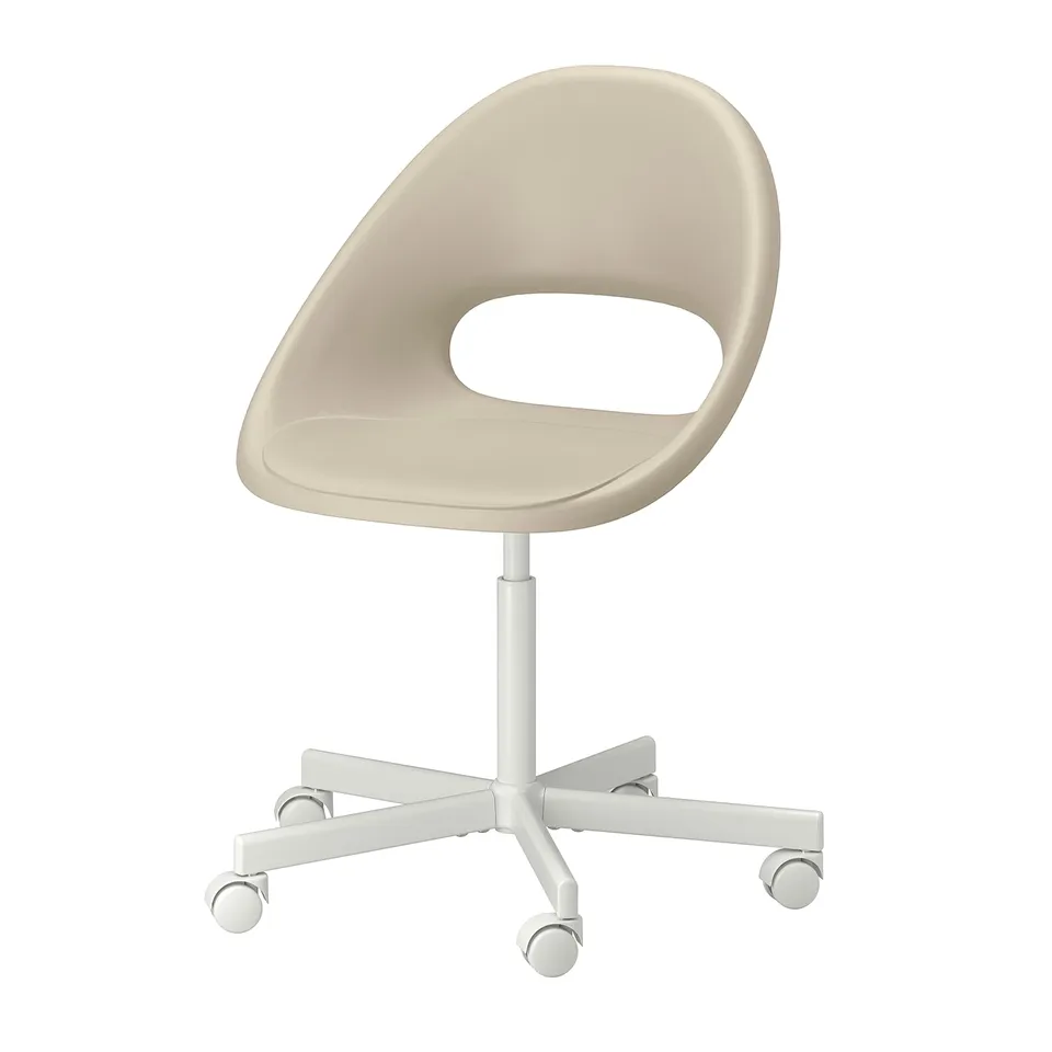 An ELDBERGET office chair in beige with a plastic seat shell and white wheels.