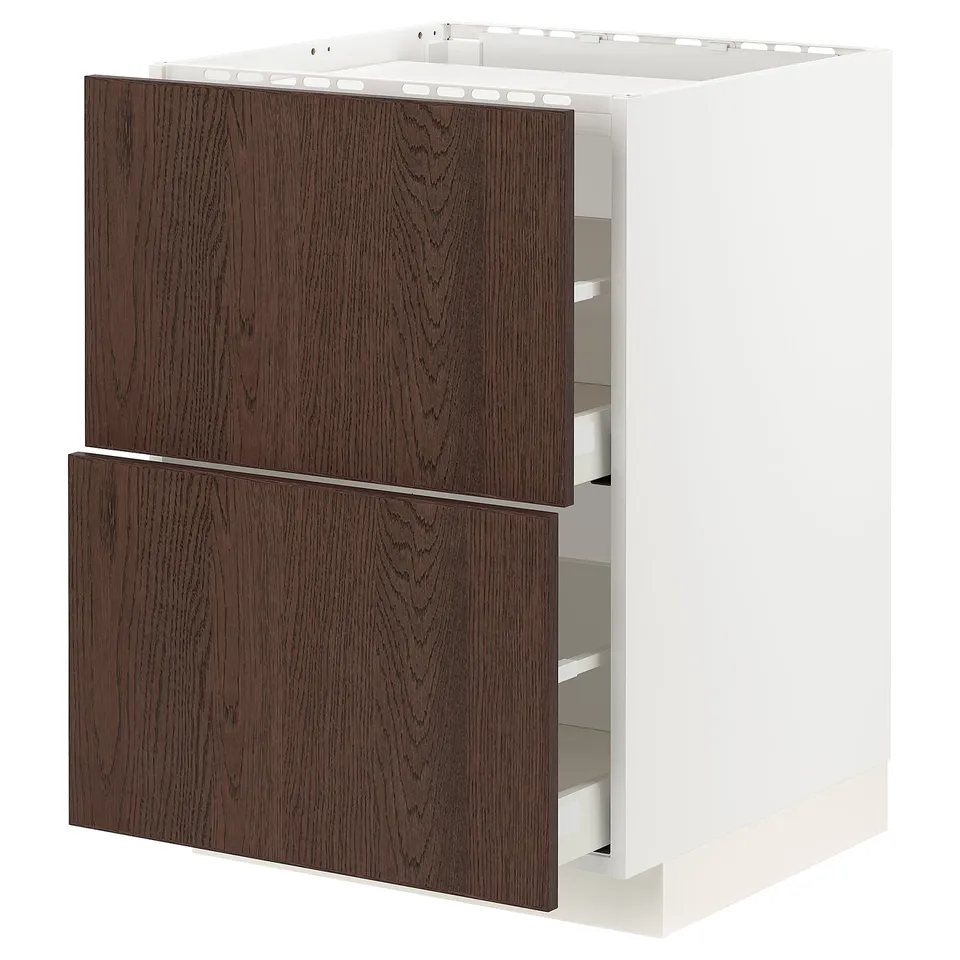 METOD kitchen cabinet, white frame, dark brown wood drawers, rectangular, modern design.