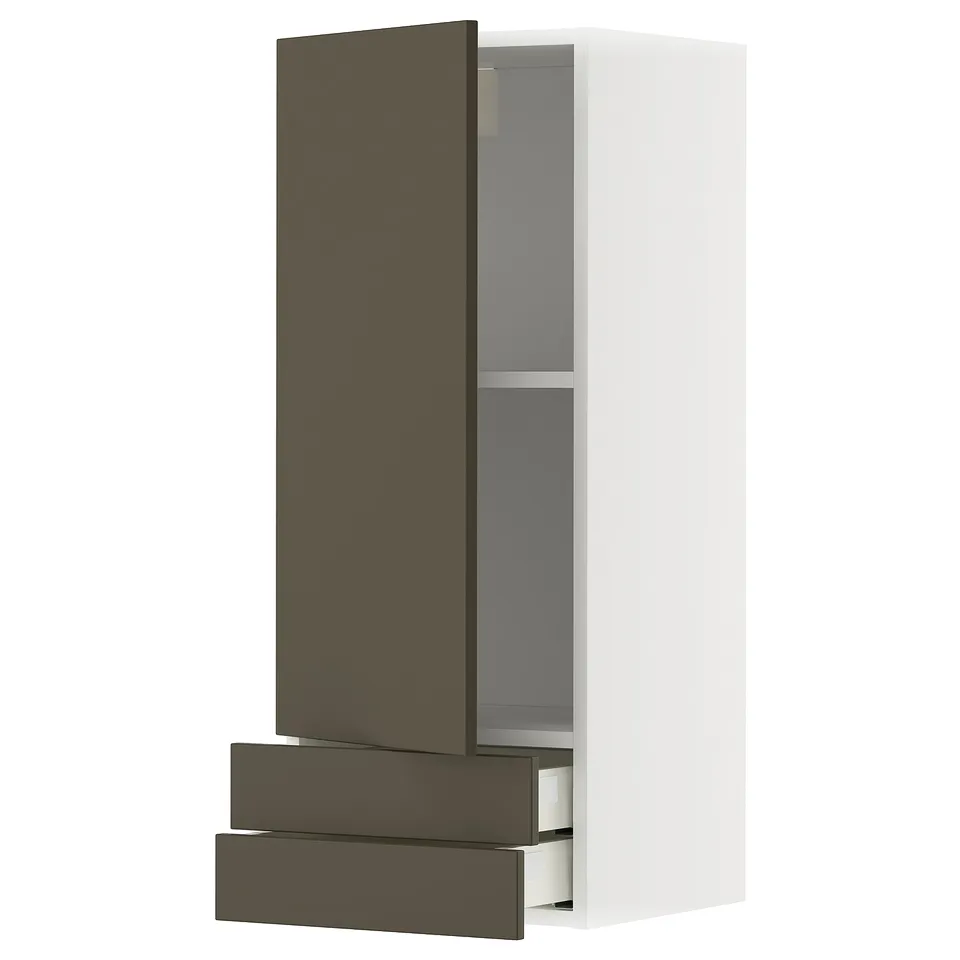 Modern kitchen cabinet, white frame, dark brown drawers, adjustable shelf, left or right door.
