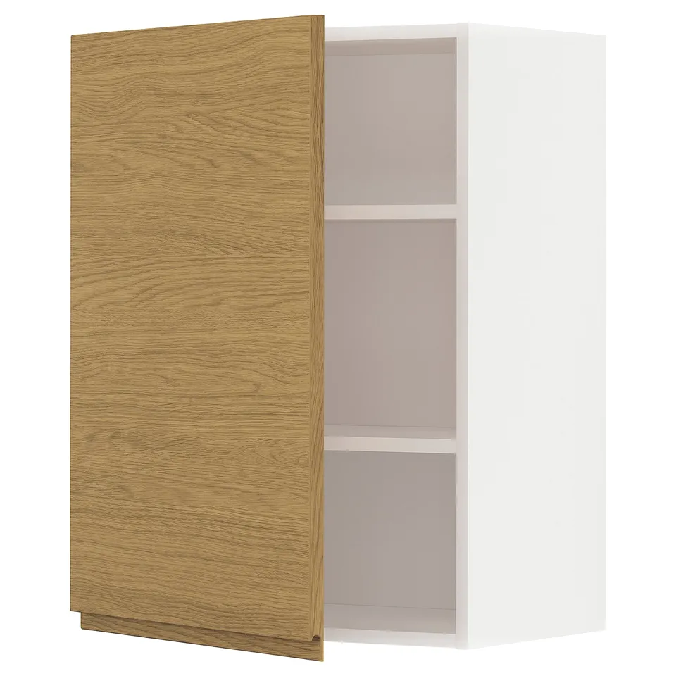 A modern, white kitchen cabinet with an oak-look door and two shelves.