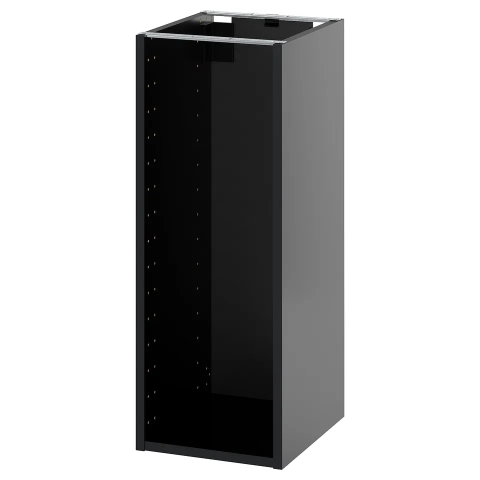 METOD tall, grey kitchen cabinet, open, with adjustable shelves.