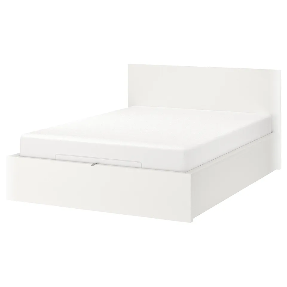 MALM white bedframe with spacious underbed storage, minimalist design.
