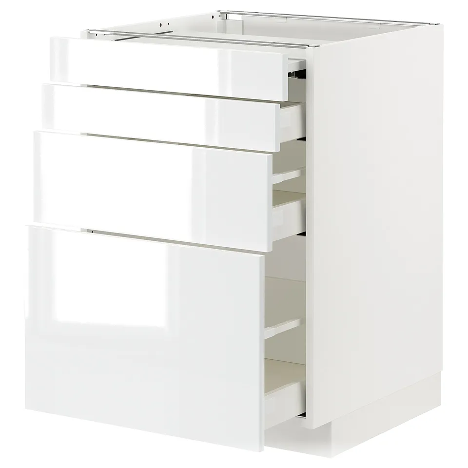 A white METOD cabinet with multiple pull-out drawers in a modern kitchen setup.