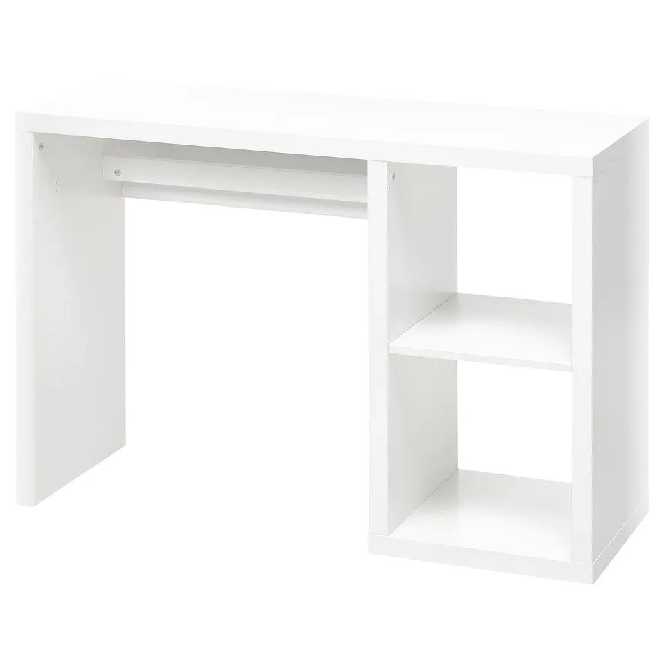 A white ikea KALLAX shallow desk with open shelving on one side and a cable outlet for organizing workspace.