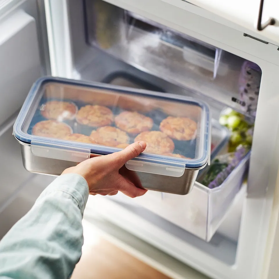 Hand puts clear, blue-lidded food container into fridge, displaying stored food.