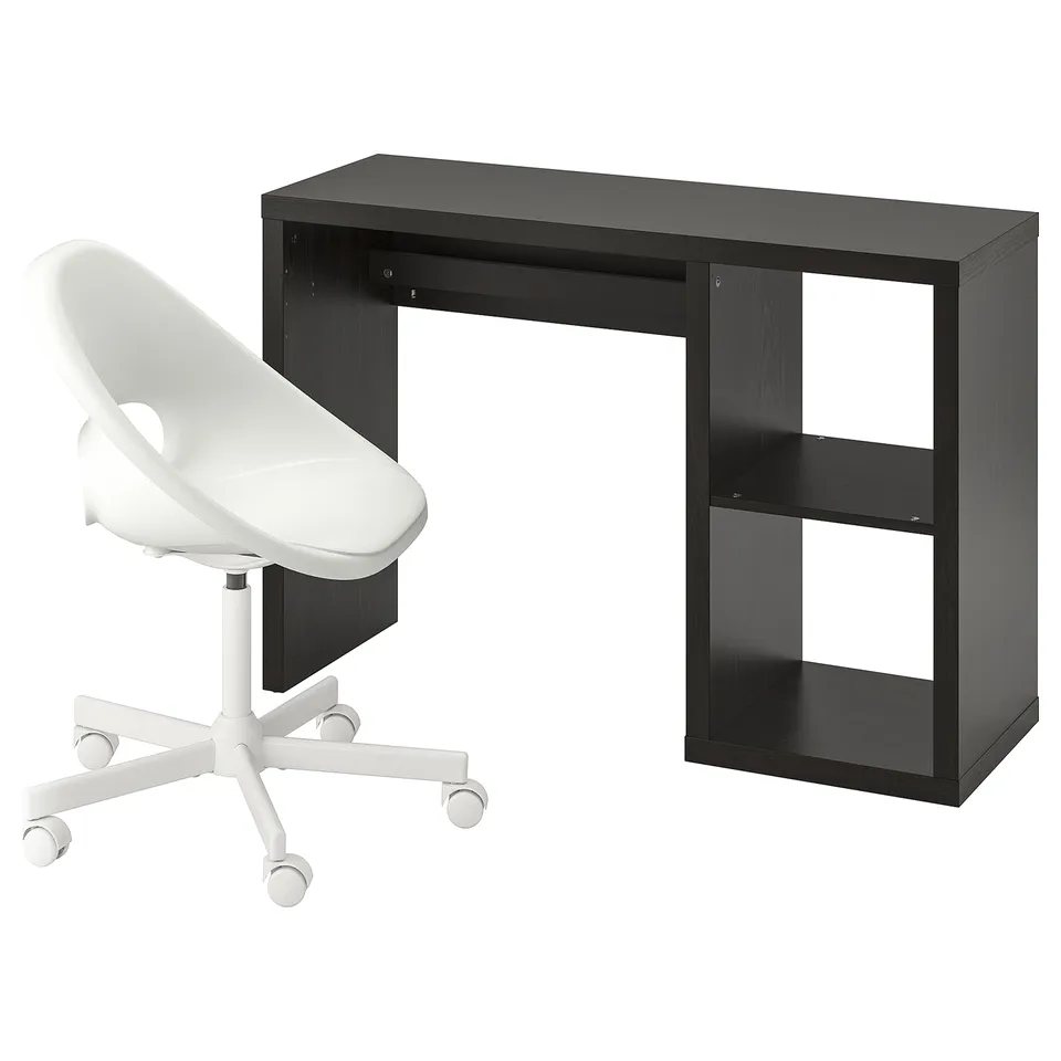 Black desk with open shelves and white swivel chair. Modern minimalist design.