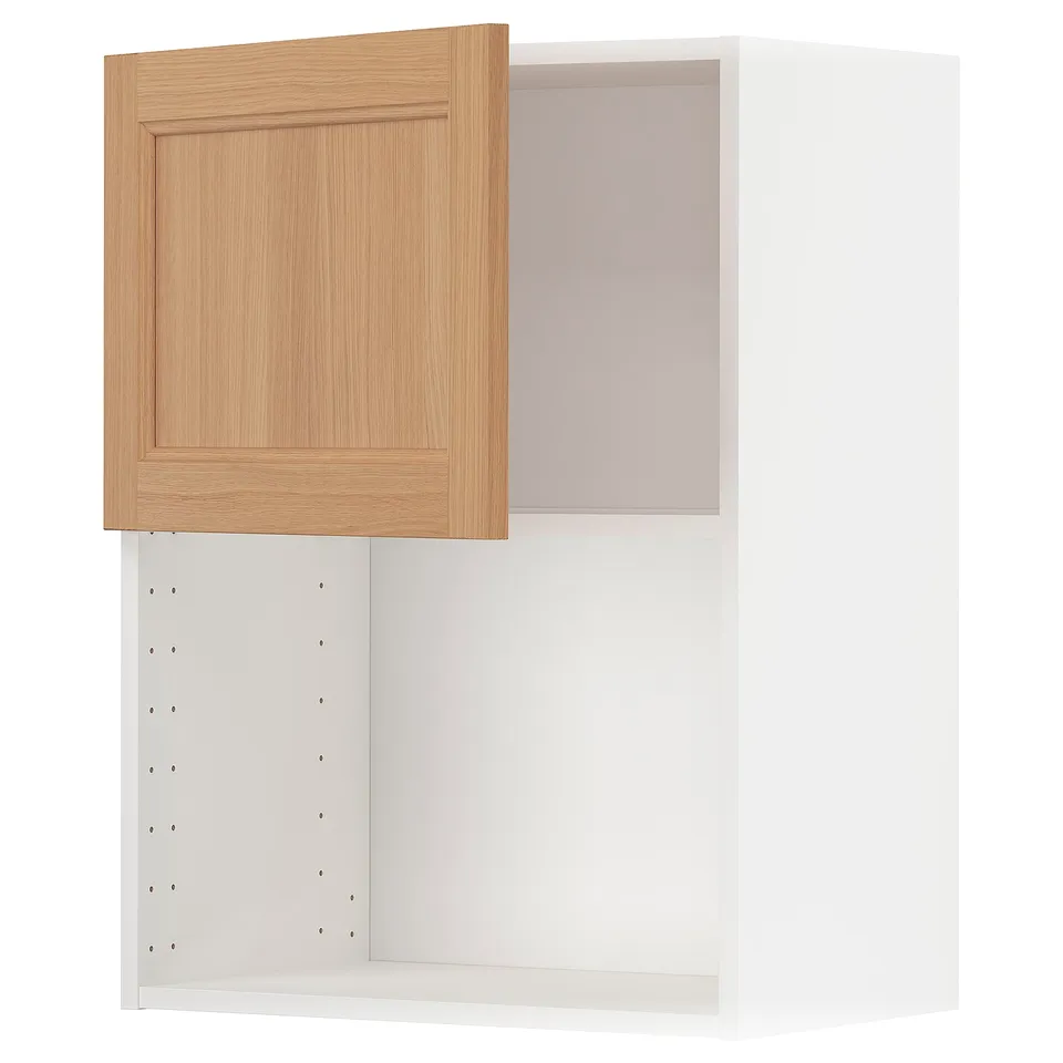 A METOD kitchen cabinet with a vedhamn oak door. It combines white and wood tones, featuring a rectangular shape and adjustable shelves.