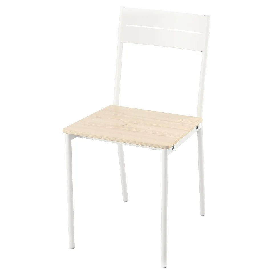 A white BUSLÄTT chair with a light wood seat. Its sleek, modern design includes a metal back and legs, combining both robustness and comfort.