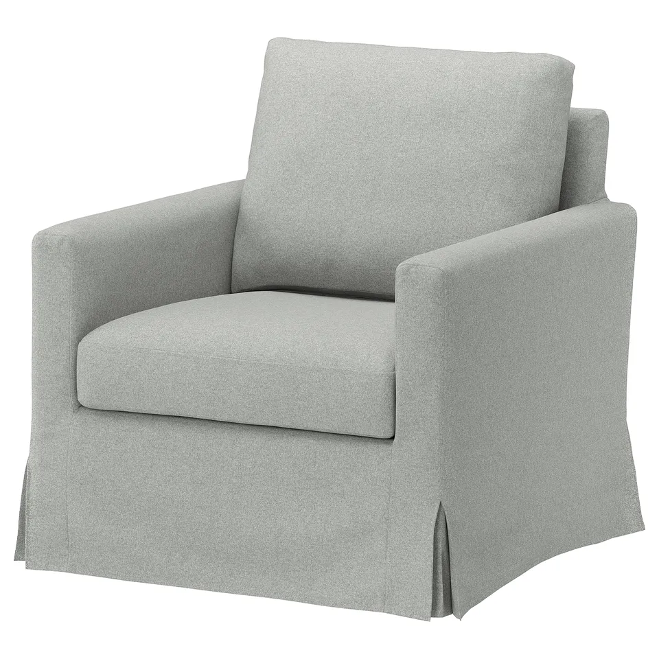 A grey, modern armchair with a boxy design, upholstered in recycled polyester fabric.