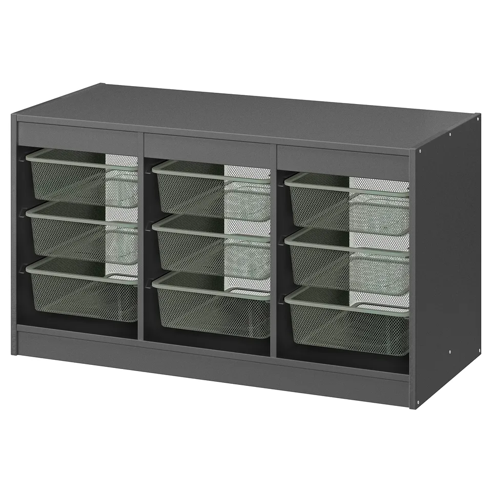 A grey TROFAST storage unit with multiple mesh storage boxes for organising items.