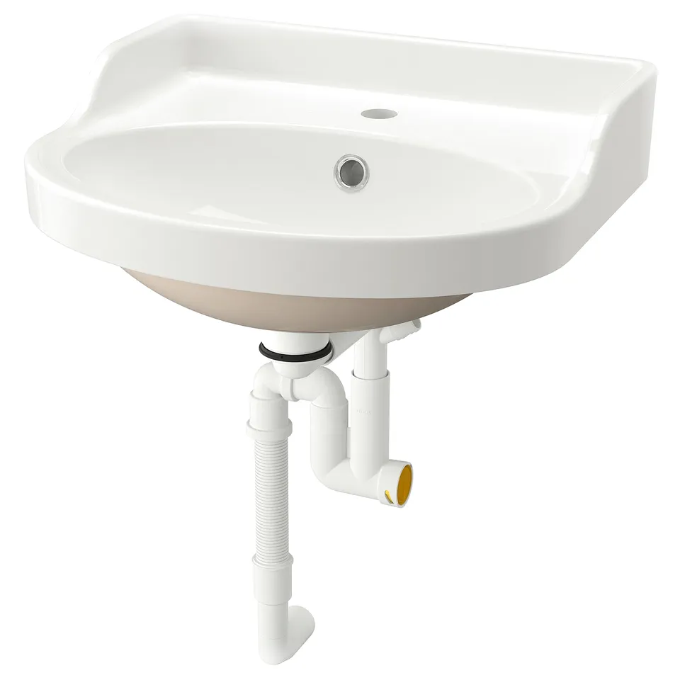 White RUTSJÖN ceramic basin, semi-recessed, soft shapes, raised backsplash.