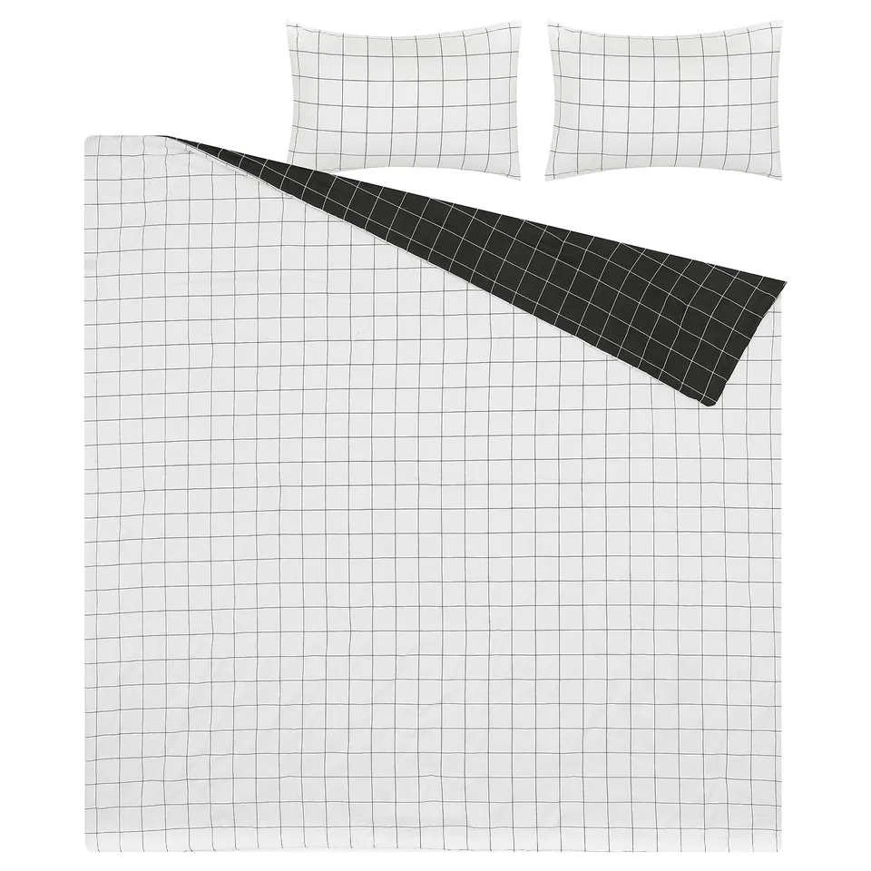 VITKLÖVER Comforter set, white black/check, 150x200/50x80 cm