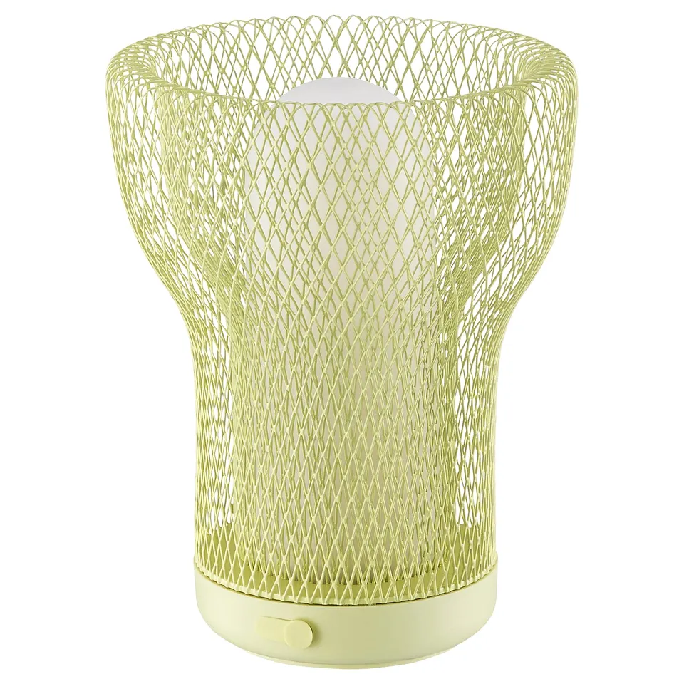 A yellow SOLVINDEN lamp with a mesh shade, round base, and modern design.