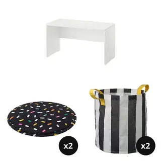 LASTARE/NICKY/PUGGEHATT set: bench + seat pad x2 + storage bag x2, white + dot pattern/round + black white/striped, 90x42x48 cm