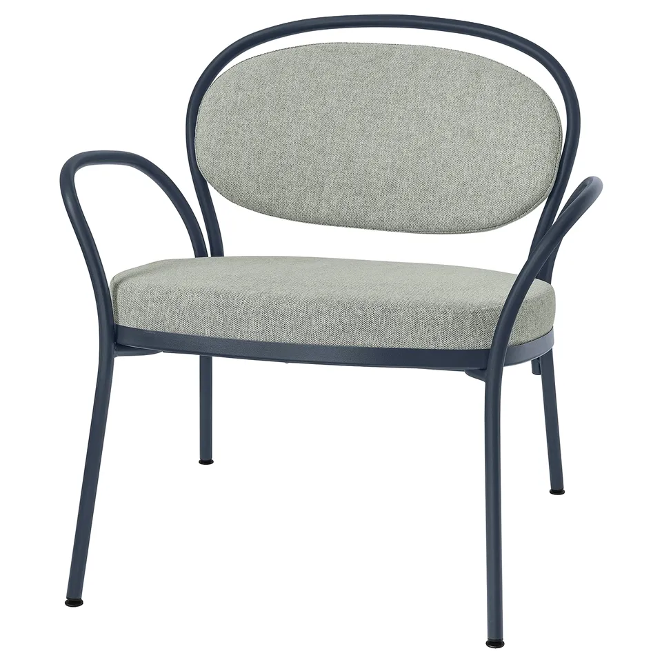 ISMANTORP armchair, navy frame, grey fabric, metal & wood, rounded design, elegant & inviting.