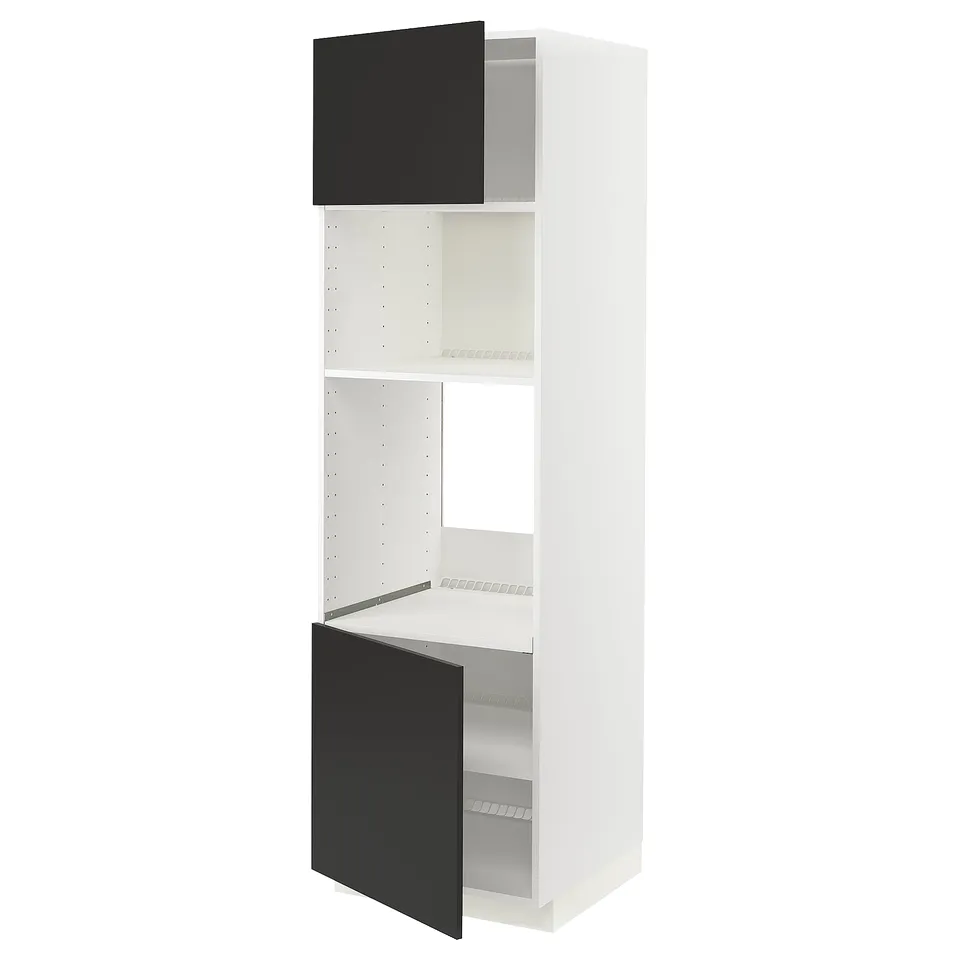 A white METOD kitchen cabinet with two black doors, one open, featuring shelves inside.