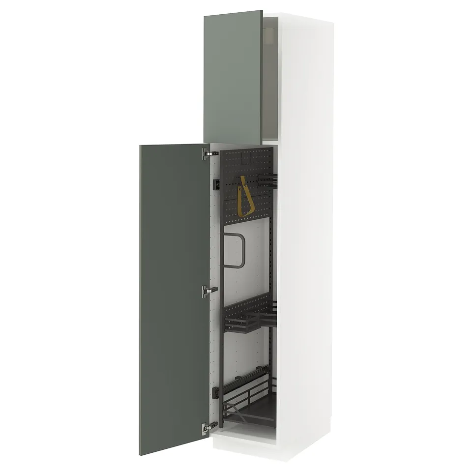 METOD tall cabinet with 2 grey-green doors open, revealing storage shelves and organisers.