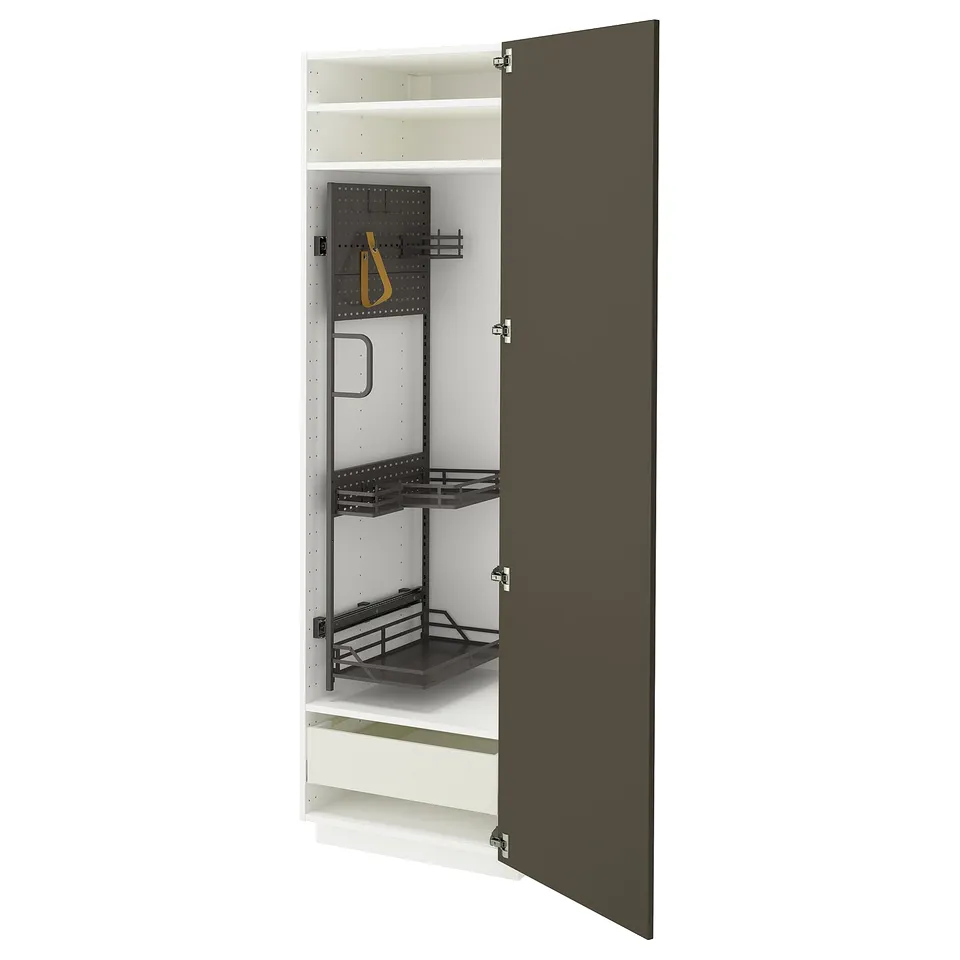 An open METOD cabinet in dark brown with beige accents, featuring pull-out organisers and shelves inside.