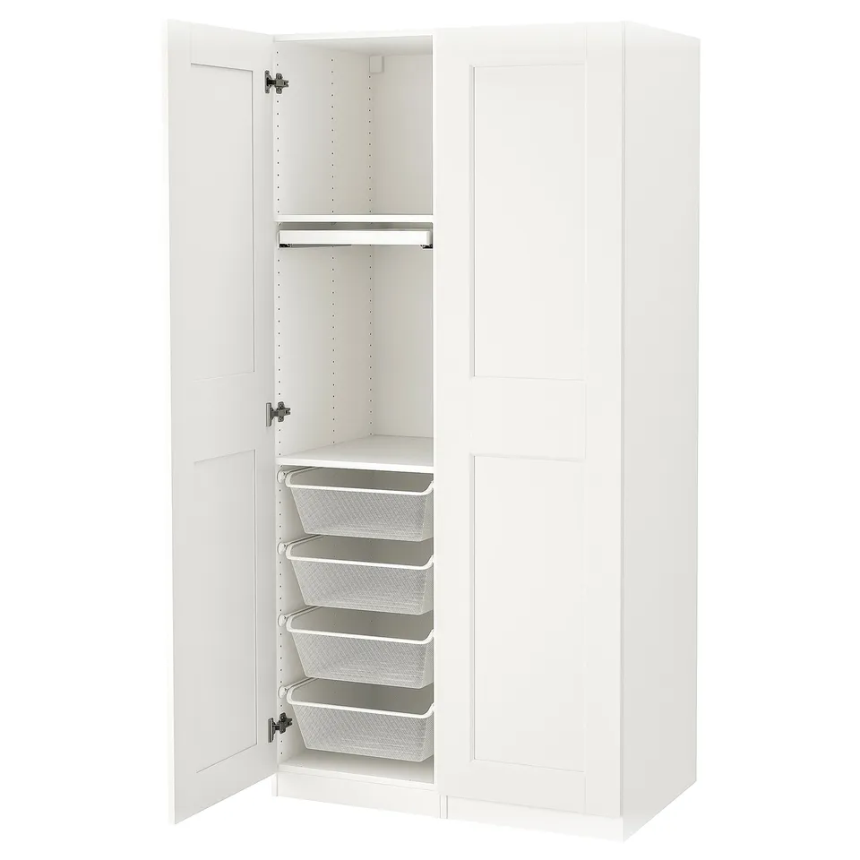 White PAX wardrobe with mesh drawers, metal fittings, minimalist design.