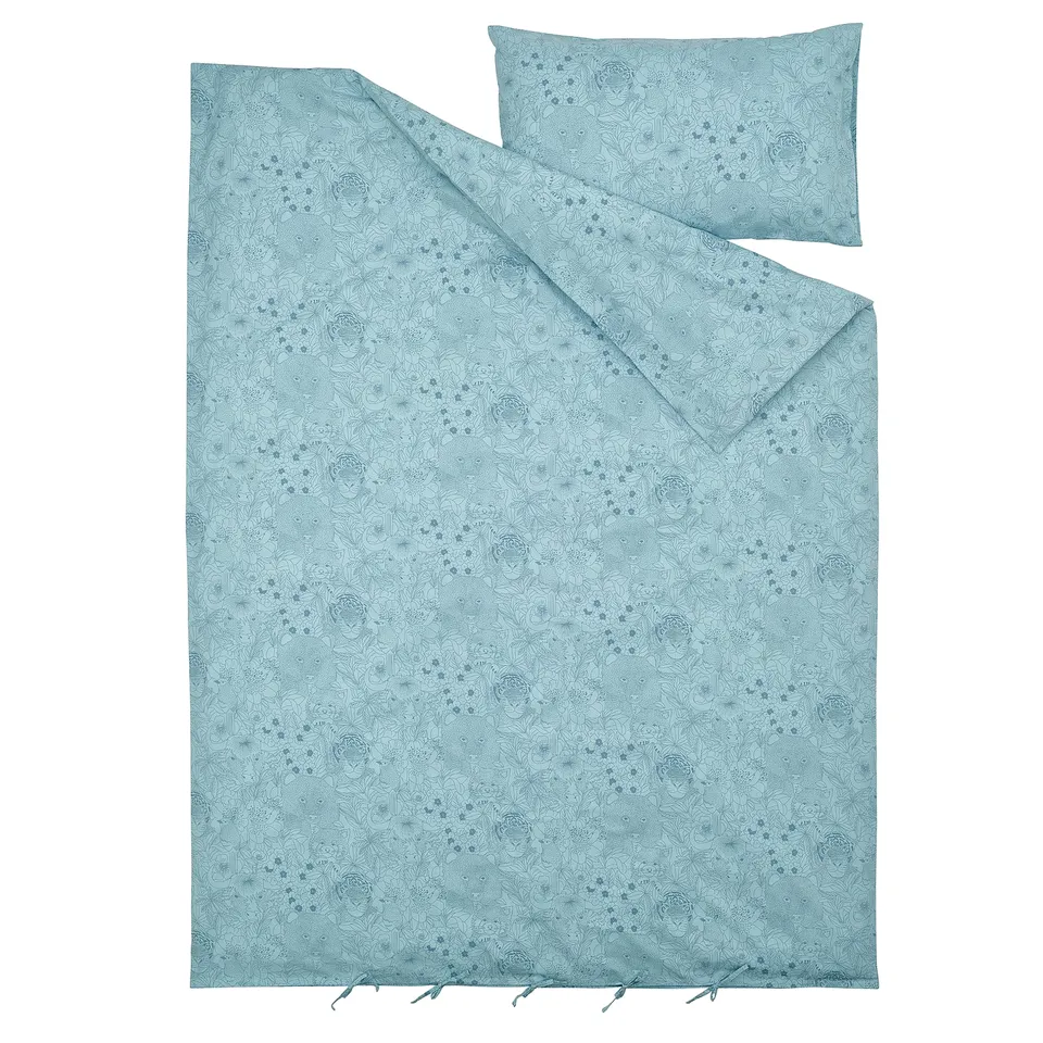 ALPTALL Duvet cover and pillowcase, blue/Himalayan animals and plants, 150x200/50x80 cm